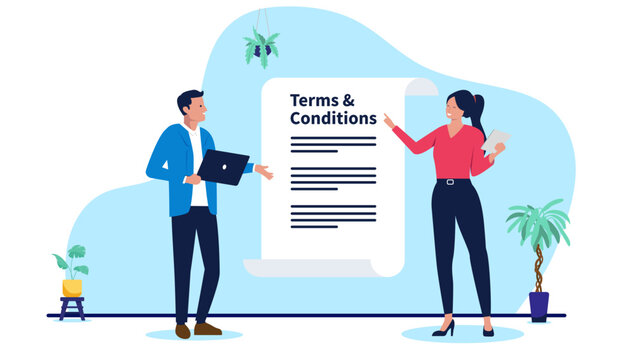 Professional business man and woman discussing a large document for terms and conditions or a legal contract agreement in a modern office setting, flat design vector illustration
