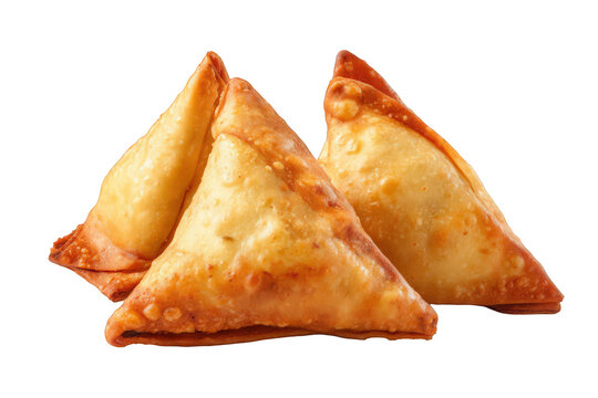 Golden crispy samosa triangles with flaky pastry isolated on transparent background