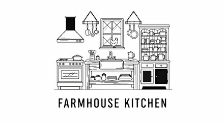 Fototapeta premium Line art of a rustic kitchen with a stove, sink, and hutch
