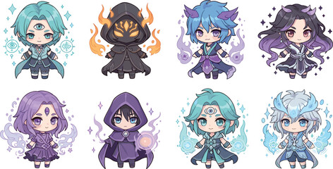 Fototapeta premium Cute Chibi Mage and Fantasy Character Set with Magic Powers, Elemental Effects and Anime Style Costumes for Game Illustration Designs