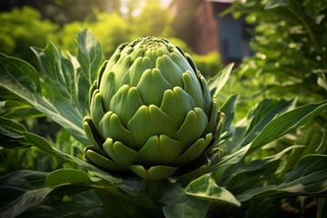 Fototapeta premium Green artichoke bud on a plant, bathed in warm sunlight in a healthy garden