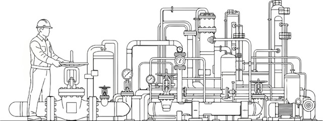 Industrial worker operates complex machinery with pipes, valves, and gauges
