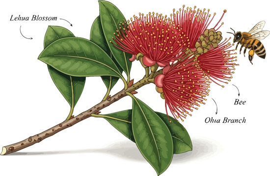 An illustration of a bee approaching a lehua blossom on an ohia branch with green leaves.