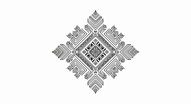 Intricate black and white geometric mandala with diamond and heart motifs