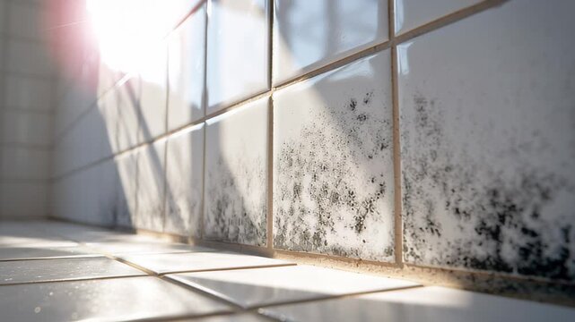 Cleaning black mold from bathroom tiles in a home setting during afternoon sunlight