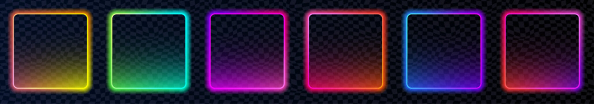 Modern square neon button with bright LED glow and soft 3D light on dark background. Clean vector element for neon action call banners, buy now labels, game interface and website design.