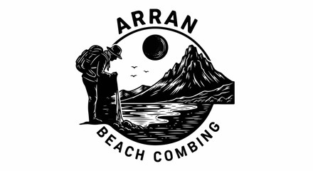 Obraz premium Hiker collects trash on beach with mountains and sun in background