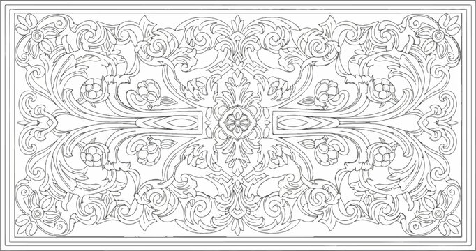 Intricate symmetrical floral and scrollwork in monochrome outline design
