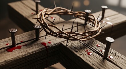 A crown of thorns lies on a wooden cross with nails and blood