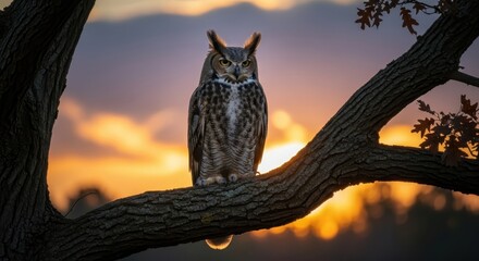 Majestic Owl Perched on Branch Against a Vibrant Sunset Sky.