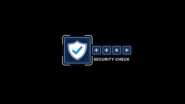 Security check with shield and password asterisks on black background for cybersecurity and technology concepts