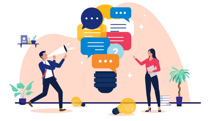 Successful business professionals brainstorming marketing ideas with a man using a megaphone and a woman pointing to a large light bulb filled with speech bubbles, flat design vector illustration