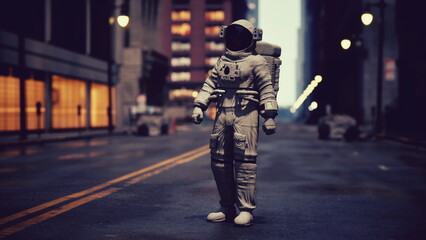 An astronaut stands alone in a deserted urban street at night, surrounded by tall buildings. The mysterious atmosphere is enhanced by streetlights illuminating the surroundings. © icetray