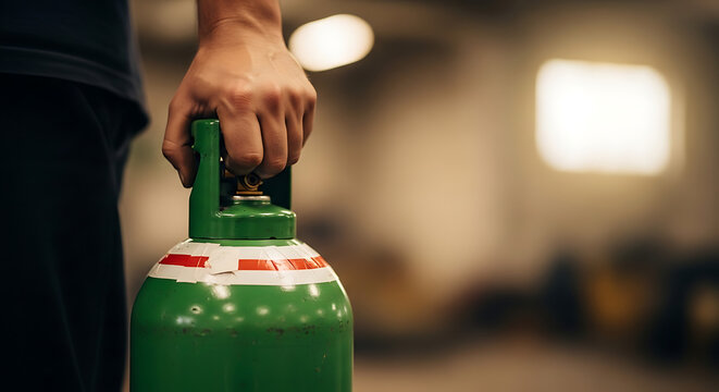 Worker's strong hand grips a heavy green industrial gas cylinder, emphasizing safety and essential equipment