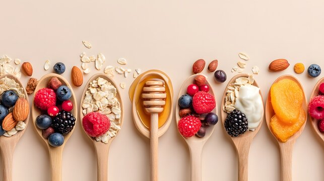 A row of spoons with various fruits and nuts on them
