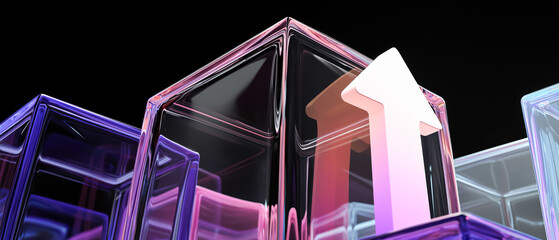 成長を象徴する上昇矢印とガラスのキューブの3Dイラスト