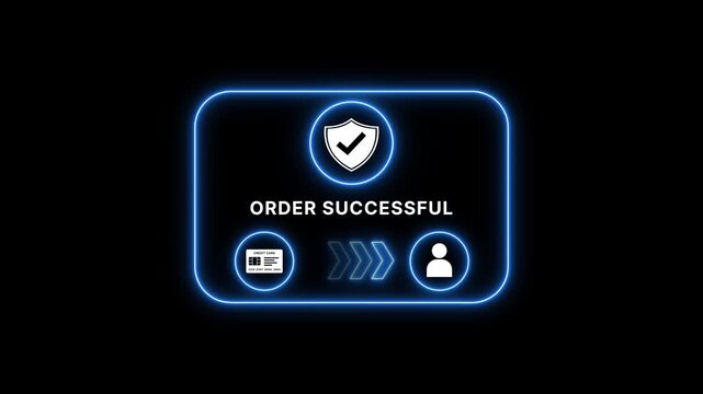 Order Successful Neon Sign with Shield Checkmark Credit Card and User on Black Background for E-commerce and Online Shopping Concepts