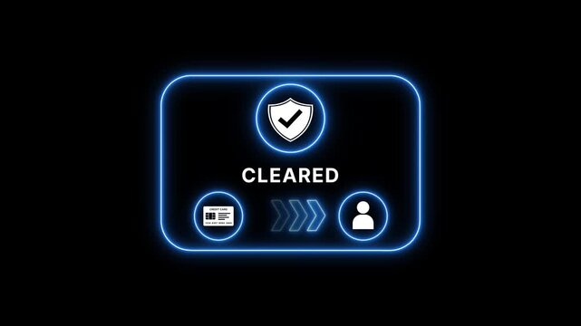 Cleared neon sign with shield checkmark credit card and user on black background secure transaction approved symbol