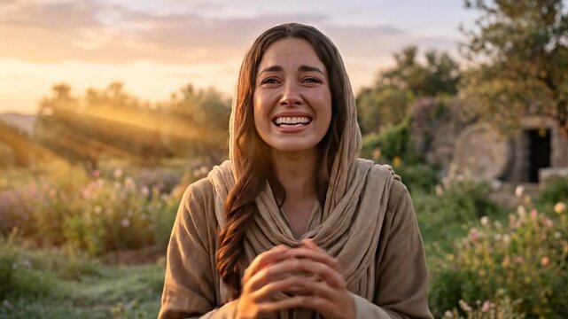 Emotional portrait of Mary Magdalene crying with joy and wonder as she discovers the risen Jesus Christ at dawn near an empty stone tomb set in a lush garden landscape