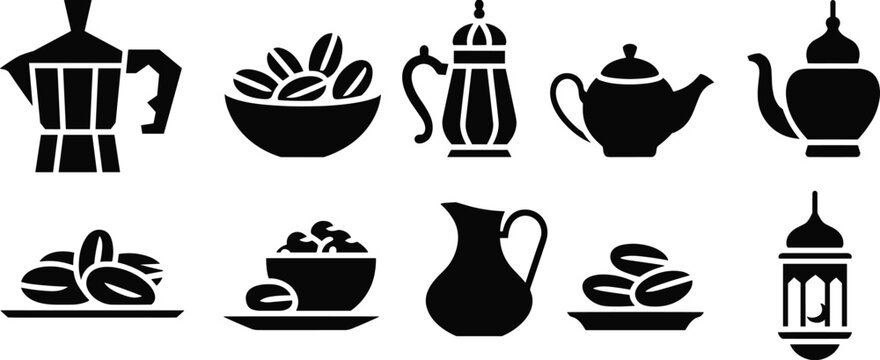 Coffee tea pot beans lantern icons, Middle Eastern culture vector set, hot beverage brewing serving traditional black silhouette design