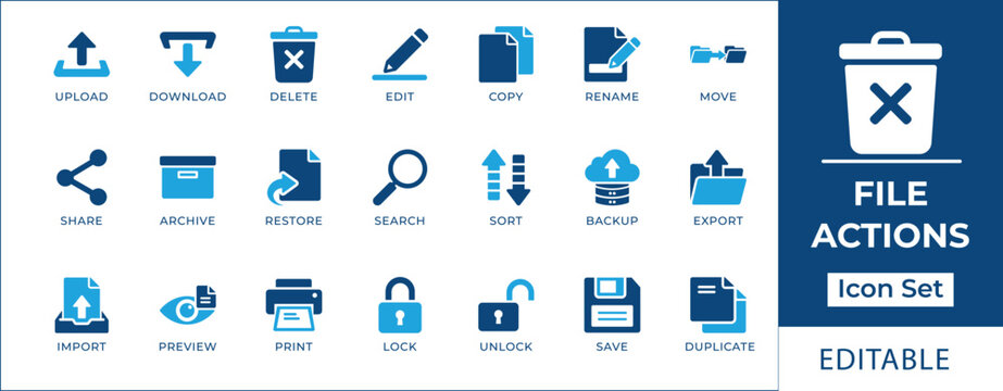 File actions icon set featuring document management, upload, download, cloud backup, file search, data export, secure lock, archive, and system storage organization symbols.