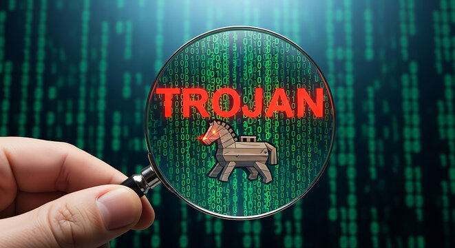 Investigating a stealthy Trojan virus hidden within digital code, revealing cybersecurity dangers and malware threats