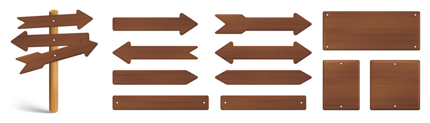 Wooden signpost collection, blank wood planks and directional arrows set isolated on white © Яна 