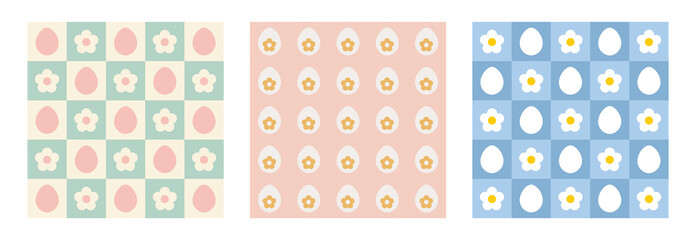Easter seamless pattern with check grid, flower and eggs.
