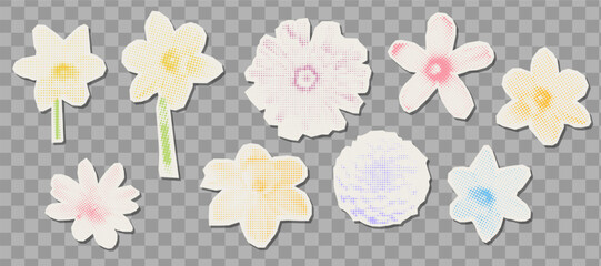 Plakat Cutout spring flowers set. Trendy collage art with halftone dotted texture.