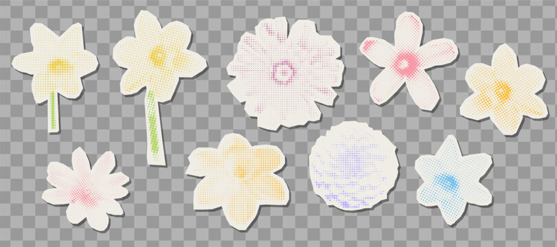Cutout spring flowers set. Trendy collage art with halftone dotted texture.