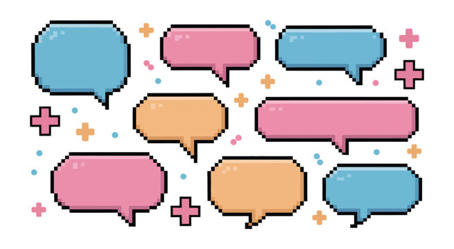 Colorful Pixelated Speech Bubbles in 8 Bit Style, Retro Pixel Art Dialogue Boxes, Arcade Game Inspired Chat Icons, Bright Vector Illustration Set