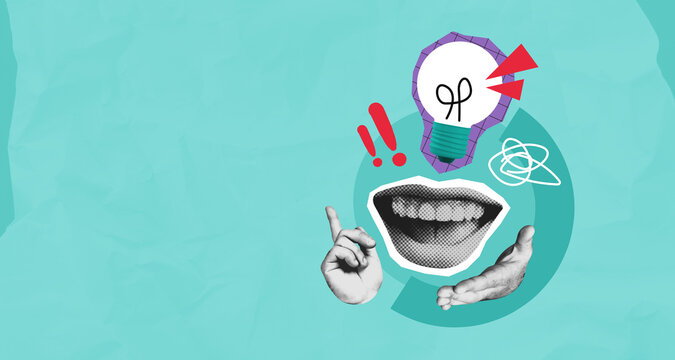 Creative collage concept with expressive mouth, hands, and light bulb on turquoise background symbolizing communication and innovative business ideas.