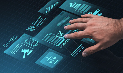 Human hand interacting with digital compliance interface on transparent holographic screen over...
