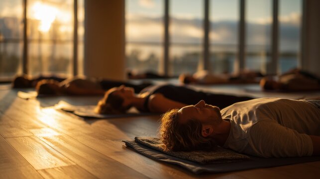 Group yoga class in savasana at sunset in bright studio, mindfulness and relaxation