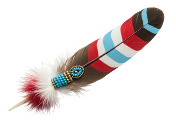 A colorful feather with beads and a white background © Jewel