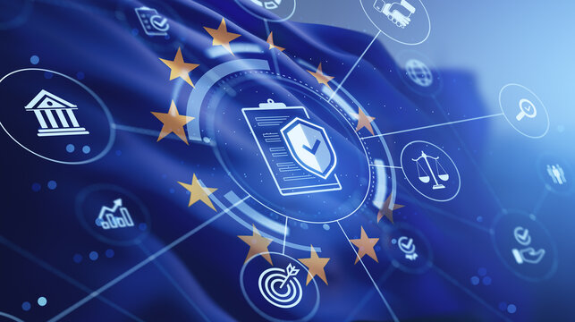European data protection and cybersecurity concept with icons and EU stars on digital blue background representing GDPR compliance and governance system.