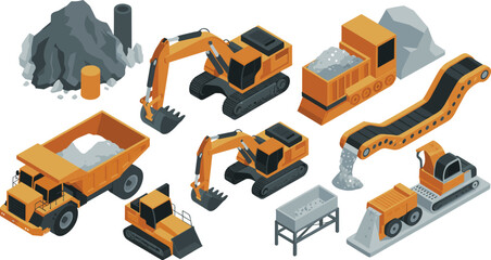 Isometric construction machinery set, flat vector illustration of excavators, dump trucks and mining conveyor equipment © MstRejowana