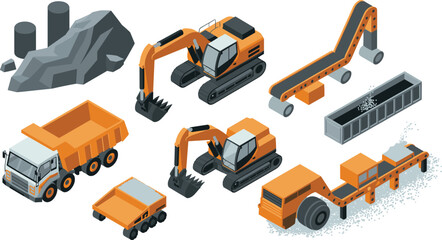 Isometric construction machinery set, flat vector illustration of excavators, dump trucks and conveyor equipment for mining © MstRejowana