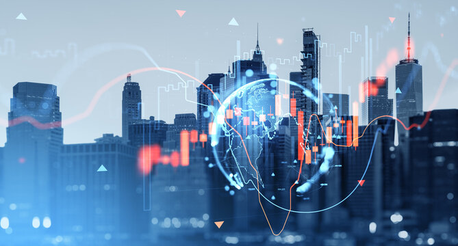 Digital stock market concept with global financial data chart overlays and Earth hologram above Manhattan skyline in New York, USA at sunrise.