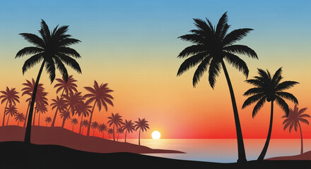 Obraz premium Serene tropical sunset with silhouetted palm trees over calm ocean