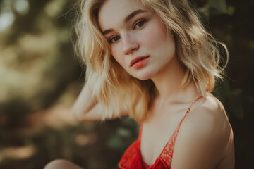 Fototapeta premium Dreamy Outdoor Portrait of Beautiful Young Blonde Woman with Freckles and Red Lace Dress in Soft Natural Light