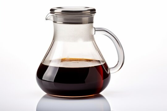 Glass carafe pouring dark coffee, offering refreshment and energy