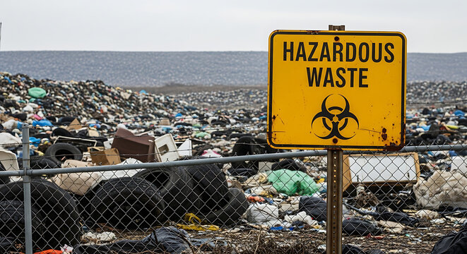 Hazardous waste dumped into a large landfill near the ocean viewed from behind a chain link fence