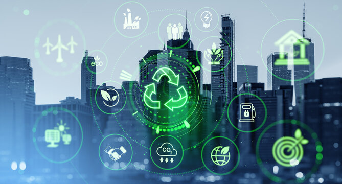 Sustainability and recycling concept with eco-friendly business icons over city background for environmental awareness and green energy solutions.