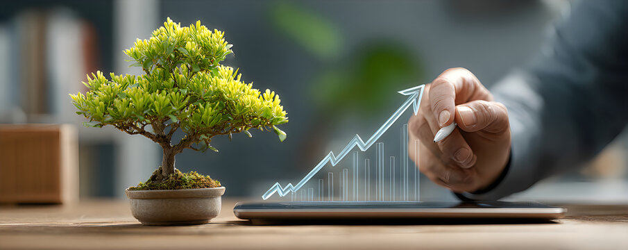 A person interacting with a digital graph on a tablet next to a bonsai tree