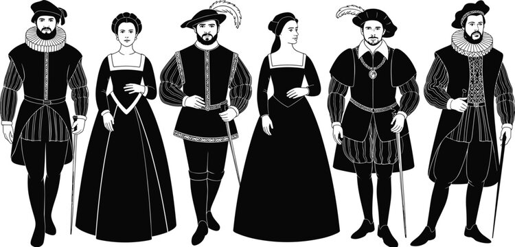 Renaissance fashion illustration, historical European attire, Elizabethan clothing, noble costumes, cultural heritage, vintage style, costume design reference, historical art