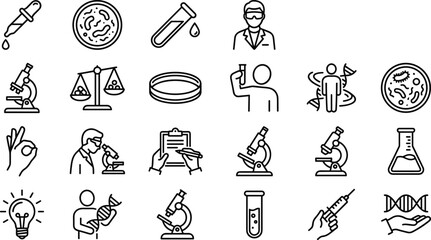 Set of science and laboratory research line icons featuring microscope, test tube, DNA, scientist, petri dish, beaker, pipette, and biotechnology. © fulbabu