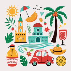Fototapeta premium Vibrant Mexican Summer Scene with Colorful Buildings, Palm Tree, and Tropical Elements on white background