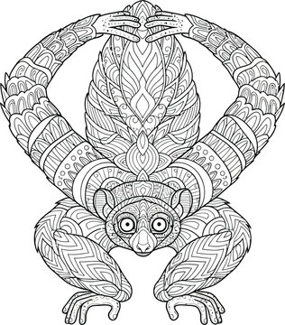 A detailed illustration of a monkey in a yoga pose with intricate patterns and designs