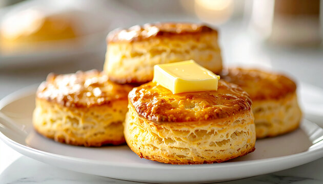 Golden homemade biscuits with butter. Tasty snack. Delicious food. Appetizing breakfast. Blurred kitchen